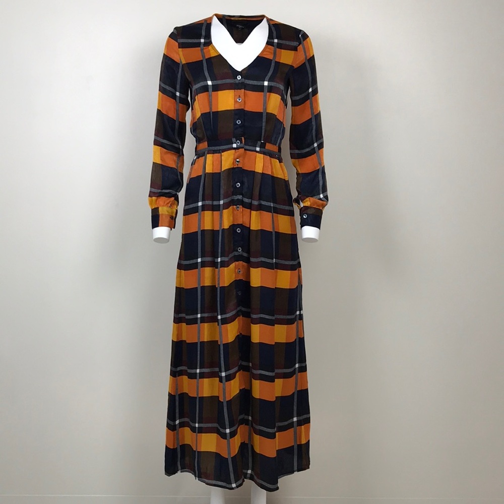 Orange/Navy Button-up Plaid Maxi Dress